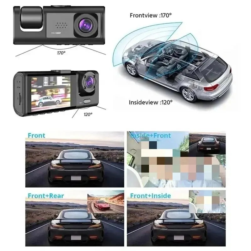 3-Channel Full HD 1080P Dash Cam with Night Vision and Parking Monitor