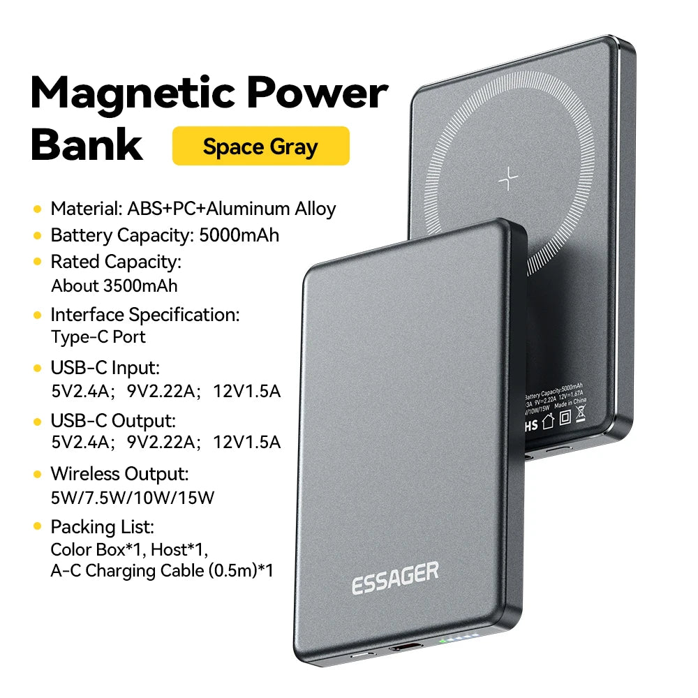 Essager Thin Magnetic Wireless Power Bank 20W 5000mAh – Portable Fast Charging for iPhone