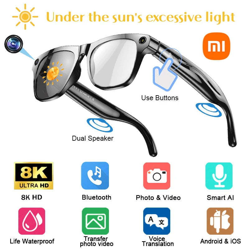 Xiaomi Smart AI Glasses HD 8K Photochromic Multifunction Bluetooth Calling Voice Assistant Music Player Translate Camera Glasses