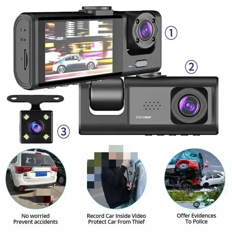 3-Channel Full HD 1080P Dash Cam with Night Vision and Parking Monitor