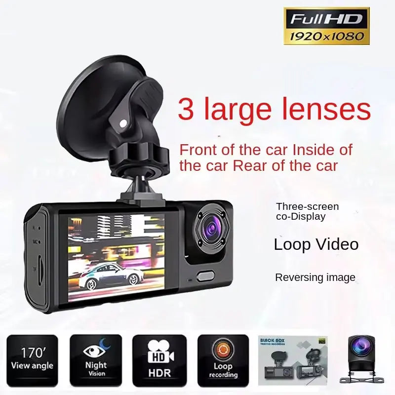 3-Channel Full HD 1080P Dash Cam with Night Vision and Parking Monitor